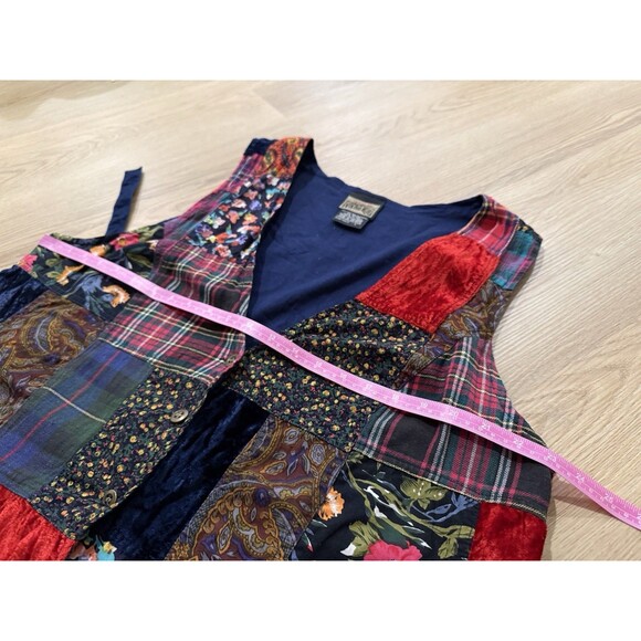 Vintage Blue Patchwork Vest Women’s Large Tie Back Button Front - Picture 13 of 16